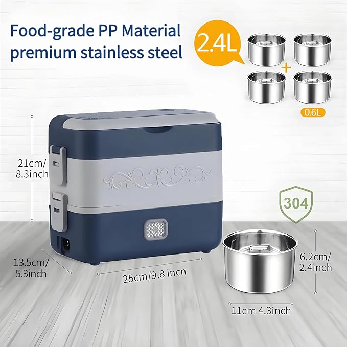 Electric Lunch Box for Adults, 200W Heated Lunch Containers 2.4L(10Cups) Stainless Steel Electric Food Warmer,4 bowls Double Layer Quick Heatable Lunchbox for Office/Home