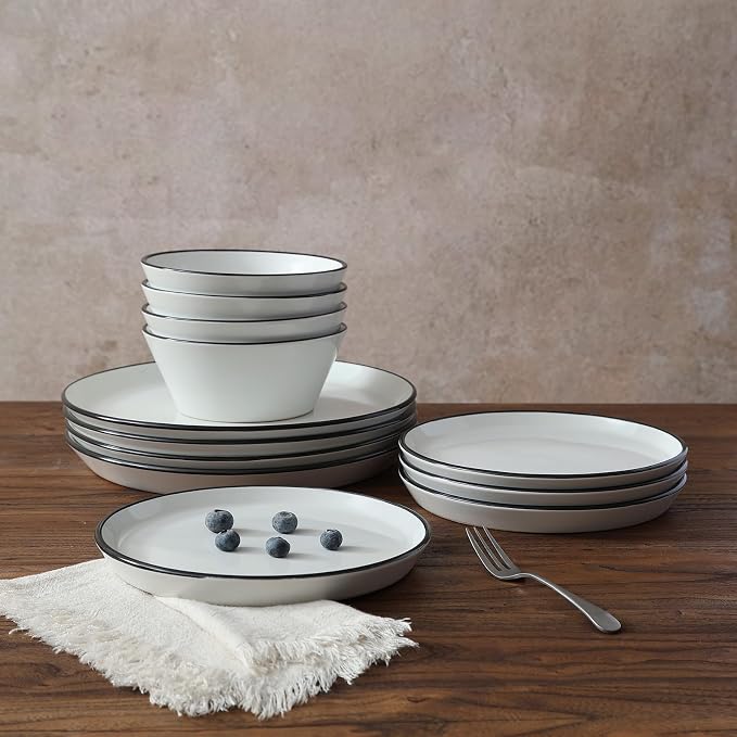 Famiware Saturn Dinnerware Sets, Plates and Bowls Sets for 4, 12 Pieces Stoneware Dish Set - Chip and Scratch Resistant, Microwave and Dishwasher Safe Tableware Set, White with Rim