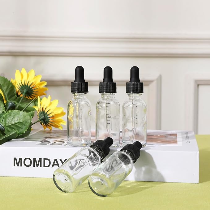 NOOEEISS 48 Pack,1oz Glass Dropper Bottle, Clear Tincture Bottles with Dropper, Pretty Finish for All Kinds of Liquids,Oil Bottles for Hair- Stronger Suction ideal for Leakproof Travel