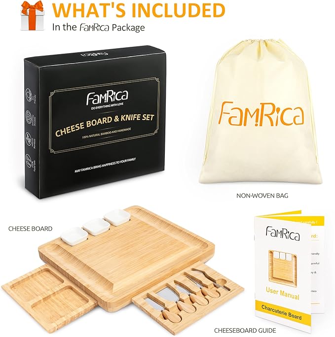 Charcuterie Board Set - FamRica Cheese Board with 2 Drawers, Bamboo Cheese Tray Serving - Unique, Wedding, Housewarming, Birthday Gifts