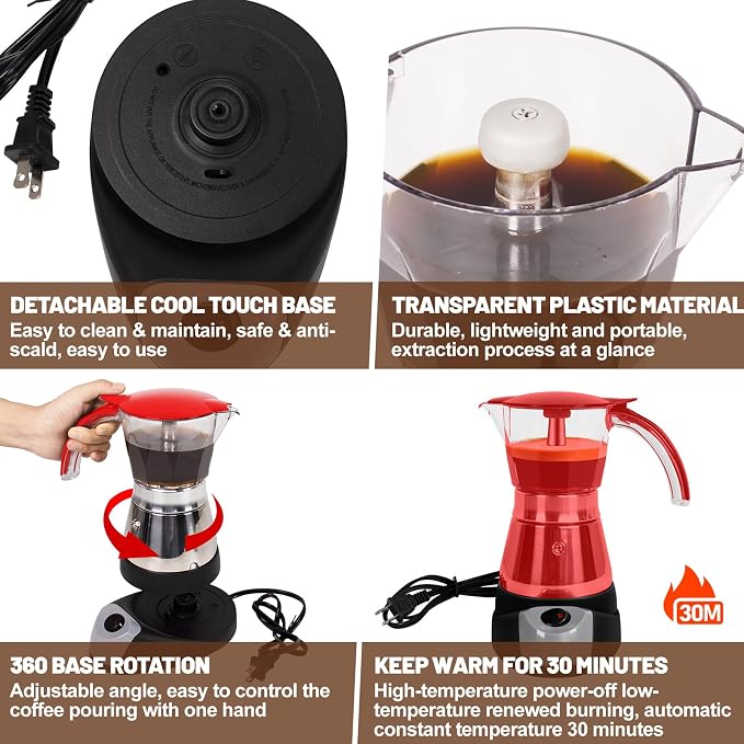 Electric Moka Pot 3-6 Cup 150-300ml Plastic Transparent Stovetop Espresso Maker Portable Stainless Steel Mocha Pot Percolator Italian Coffee Makers Greca Machine Cafe Classic for Home Camping