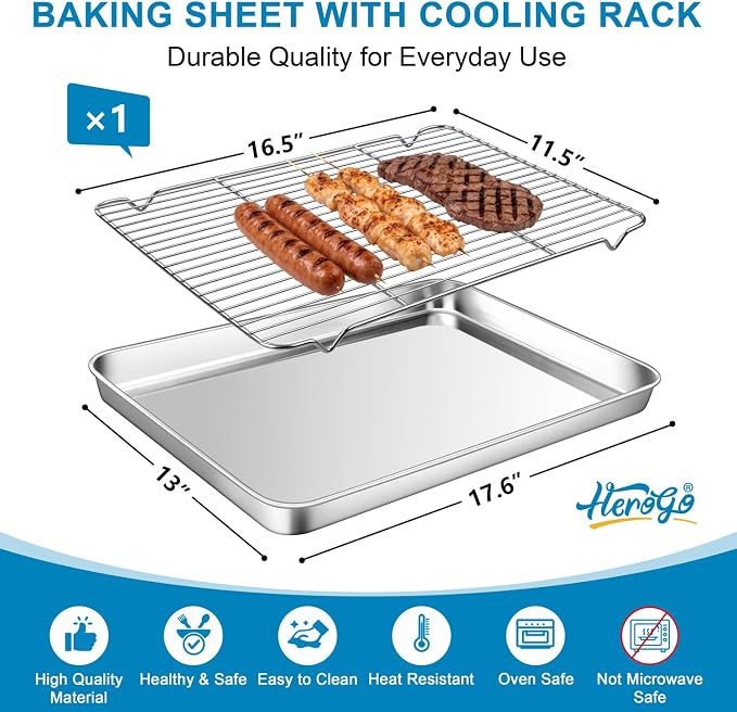 Herogo Stainless Steel Half Sheet Baking Pan with Rack Set(1 Pans + 1 Racks), 18" x 13" x 1" Large Metal Baking Tray with Cooling Rack Set for Oven Roasting, Rust & Warp Resistant & Nonstick