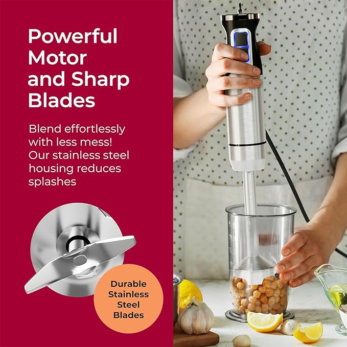 MuellerLiving Ultra-Stick Immersion Hand Blender, 500W Heavy Duty Motor, 8-Speed Turbo Setting, Includes Blending Shaft, Whisk, Milk Frother & Measuring Beaker
