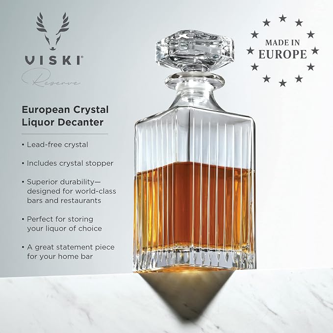 Viski Reserve Milo Whiskey Decanter with Stopper, Stylish Crystal Liquor Decanter for Bourbon, Scotch, Spirits, Wedding Gifts, Man Cave Essentials, Elegant Home Bar Accessories, 28 oz (828 ml)
