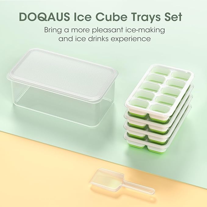 DOQAUS Ice Cube Tray with Lid and Bin - 4 Pack Silicone Ice Cube Trays for Freezer, Stackable Ice Bucket Kits with Storage Container & Scoop for Kitchen, RV, Cocktail, Coffee