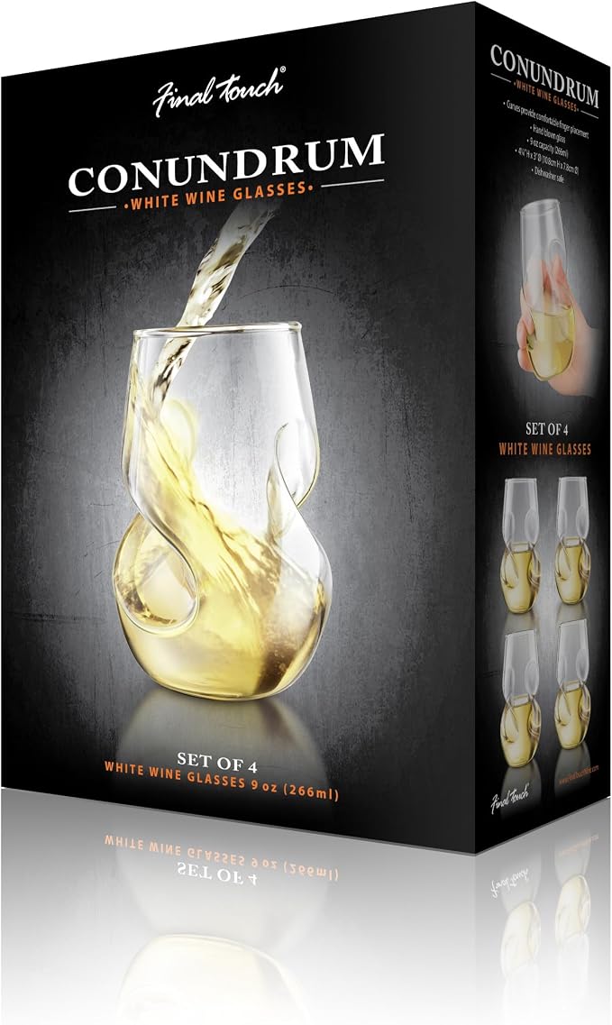 Final Touch Conundrum White Wine Glasses - Set of 4 Stemless Handcrafted Glasses - 9 oz Capacity - Sleek Curves for Comfortable Tasting - Dishwasher Safe (GG5008)