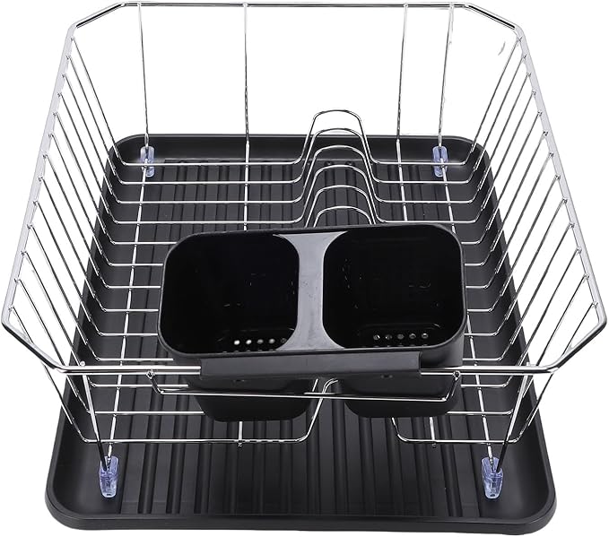 Asixxsix Dish Drying Rack, Stainless Steel Sink Organization and Storage with Utensil Holder and Drainboard, Iron Dish Drainer Rack for Kitchen Counter Sink Spoons and Forks (Silver)