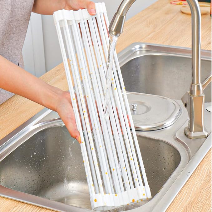 HUHJYUGE Roll Up Dish Drying Rack, Kitchen Sink Dish Drying Rack, Over The Sink Drying Rack Roll Up, Foldable Silicone Dish Drainer for Kitchen, for Plates, Cups, Bowls (B 52x33.5cm)