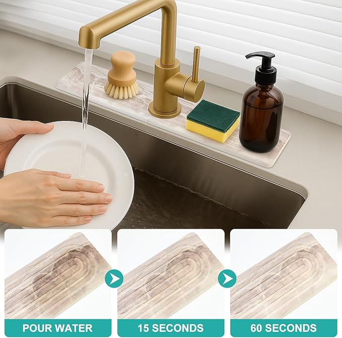 Diatomite Faucet Mat for Kitchen Sink Protector Stone Quick Dry Around Faucet Absorbent Mat Kitchen Sink Protector Water Catcher Splash Guard Stone Drying Tray for Bathroom Counter Accessories Decor