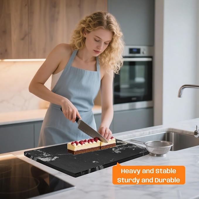 Black Marble Cutting Board For Kitchen, 16x20 Inch Large Marble Slab Pastry Board With Non-Slip Feet For Baking, Cheese, Charcuterie, Chocolate