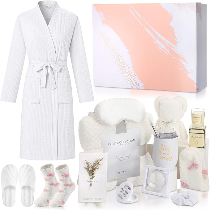 Sieral 14 Pcs Birthday Gifts for Women Care Blanket Gifts Set Spa Baskets Get Well Soon Gift Baskets Mother's Day Gift for Women Mom Her Girlfriend Sister Daughter Friend Wife Grandma(White)