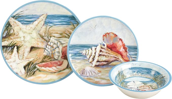Seacoast Melamine 12 Piece Dinnerware Set – Coastal Beach-Themed Plates and Bowls, Service for 4 with Shell and Ocean Art, Break-Resistant BPA-Free Reusable Dinnerware, Dishwasher Safe Indoor/Outdoor