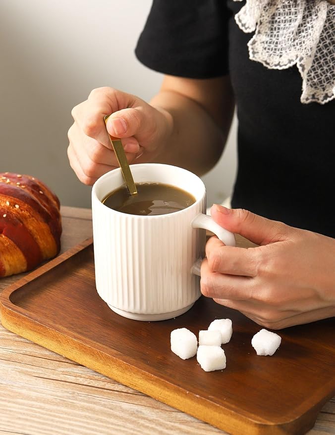 Ceramic Coffee Mugs Set of 4, Ribbed Tea Coffee Cups Set with Handle, Large Porcelain Mug for Americano, Latte, Cappuccino, Hot Chocolate, White
