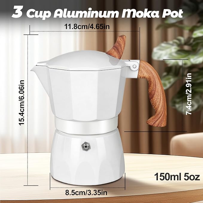 3 Cup Aluminum Moka Pot Classic Stovetop Espresso Coffee Maker 150ml 5oz Coffeemaker Percolator Mocha Pot Greca Coffee Maker Cafe Makers for Italian and Cuban Café Brewing White