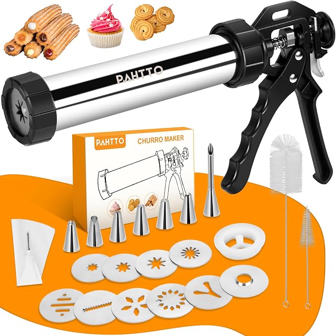 PAHTTO Churro Maker Machine, Stainless Steel Churros Gun Kit, 3-in-1 Multifunctional Cookie Press Hollow Churro with Piping Bag, 7 Piping Nozzles, 9 Cookie Discs & 2 Brushes, Easy to Clean