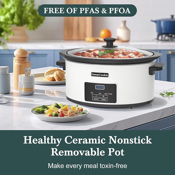 6-Quart Programmable Slow Cooker with Timer Keep Warm - Small Kitchen Appliance for Family Dinners - Serves 6+ People - Heat Settings: Keep Warm(White, Black Liner)