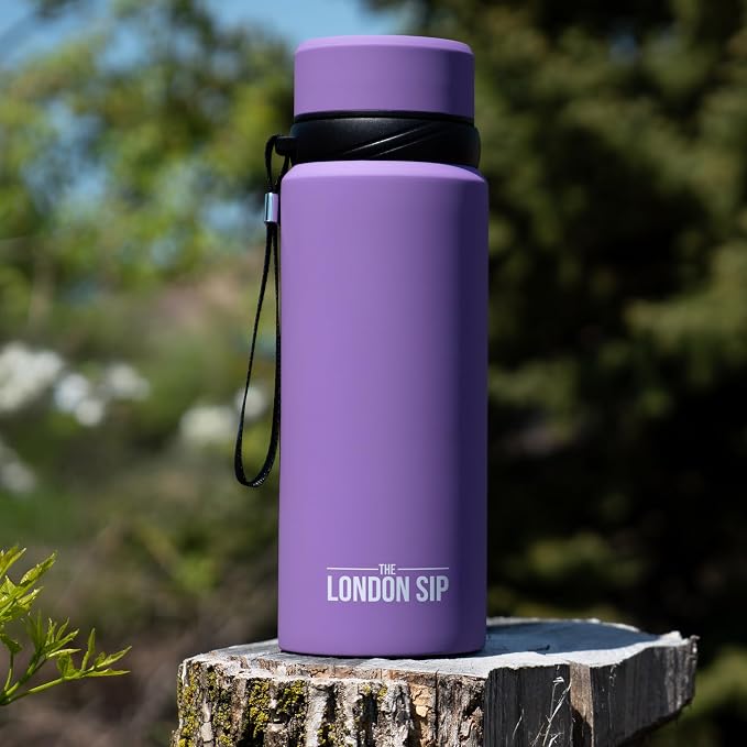 London Sip 25 oz Multi-Purpose Tea Infuser Mug – Fruit Infuser Water Bottle for Hot and Cold – Double Wall Stainless Steel Insulated, Purple