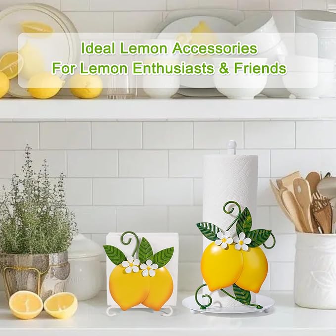 Lemon Paper Towel Roll Holder Countertop - Lemon Housewarming Gifts for Women, Farmhouse Kitchen Decor and Accessories, Vintage Home Yellow Kitchen Counter Decor, 3D Handmade Pattern, Weighted Base
