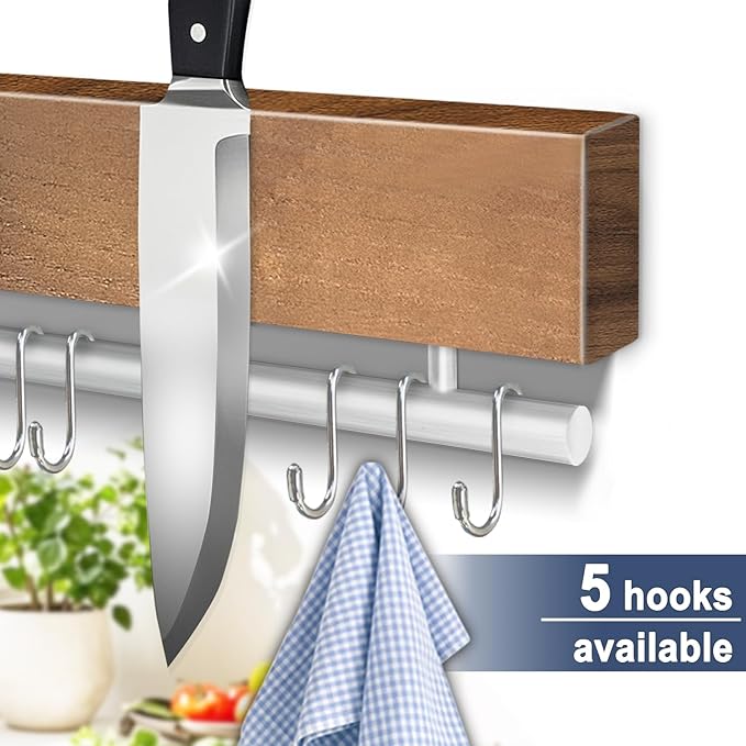 Dmore magnetic knife holder for wall—with 5 hooks, No Drilling 12 Inch Wood knife magnetic strip, Extra Strong Magnet knife rack, include Adhesive Tape and screws for Knives and Tools