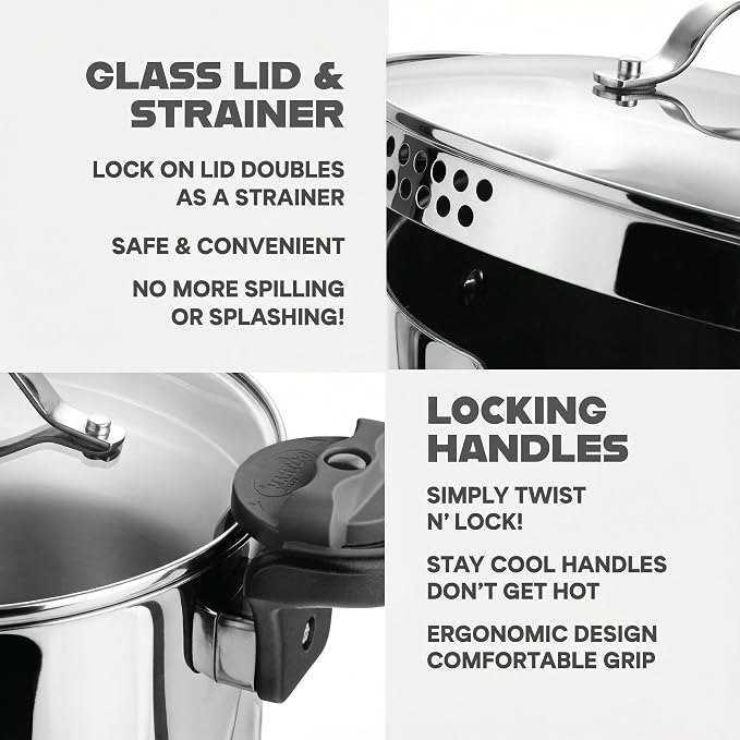 GOTHAM STEEL 8 Qt Stainless Steel Stock Pot Multipurpose Pasta Pot with Strainer Lid & Twist and Lock Handles, for Soup, Spaghetti, Rice, Induction Ready, Dishwasher Safe
