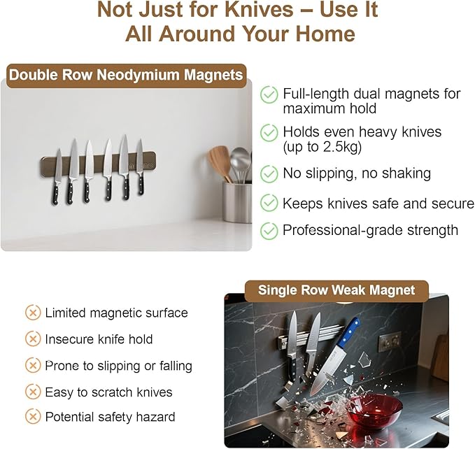 Magnetic Knife Holder for Wall,16.5 Inch Acacia Wood Magnetic Knife Strip for Refrigerator,Double Sided Magnetic Knife Rack,No Drilling