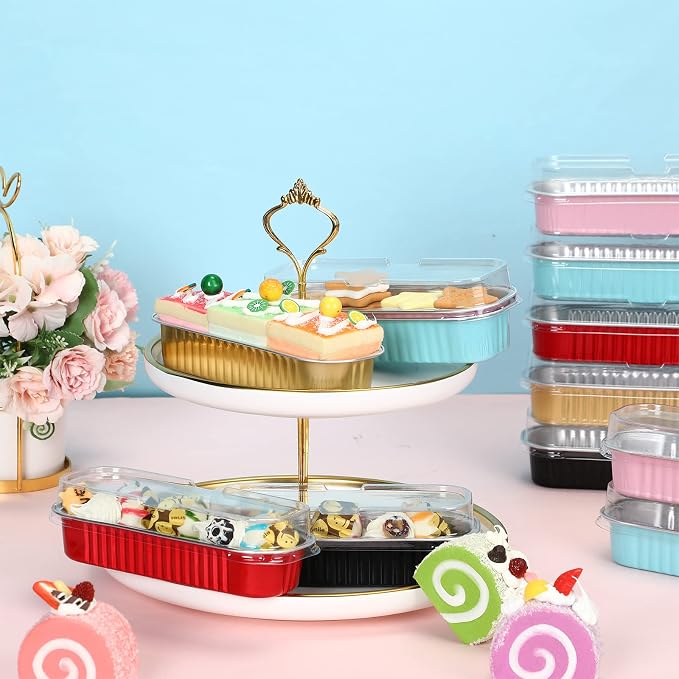 Qunclay 200 Pcs Aluminum Foil Mini Loaf Pans with Lids 6.8 oz Disposable Mini Cake Pan with Lid Rectangle Baking Cups for Party Muffin Cheesecake Ramekins(Multicolor)