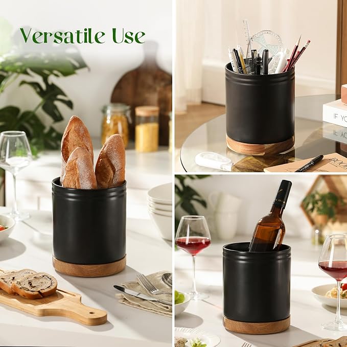 DOWAN 7.6" 360° Rotating Utensil Holder, Kitchen Utensil Holder for Countertop, Ceramic Utensil Crock, Large Cooking Utensil Caddy for Kitchen Counter, Protection Cork Bottom, Black