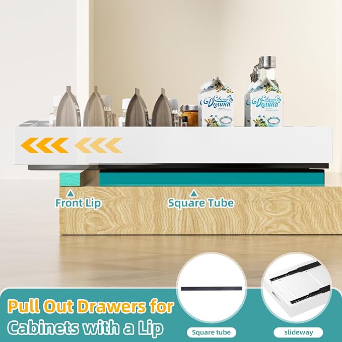HBL' 2 Pack | 21" Deep Pull Out Cabinet Organizer Adhesive, (13.8" to 22.0") Width Expandable Sturdy Carbon Steel Roll-Out Drawers, Designed for Frameless Cabinets, Slide-Out Shelves for Pantry.