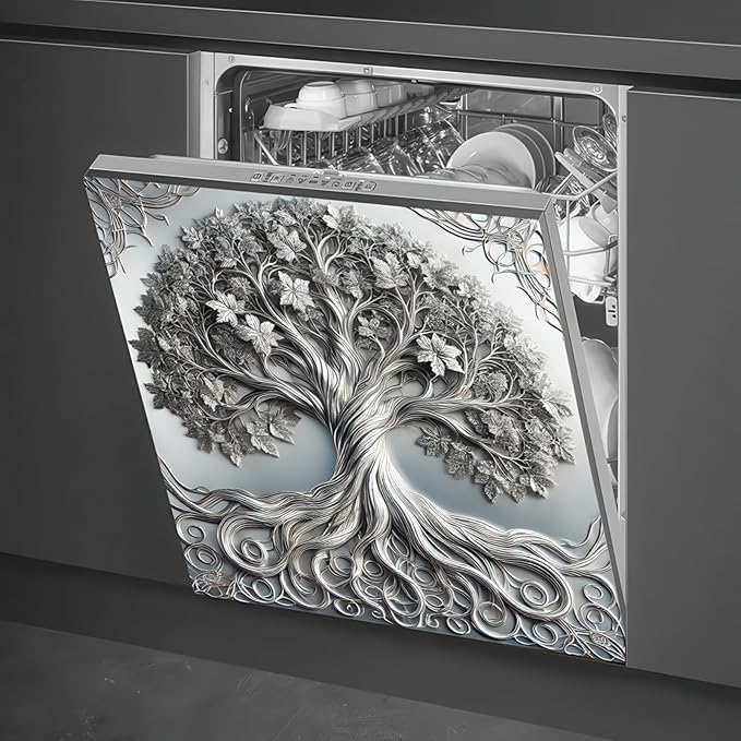 BlissYard 3D Silver Tree of Life Dishwasher Magnet Cover Skin Panel Vintage Sliver Metal Door Sticker of Life Front Door Magnet Cover for Home Appliances Dishwasher Refrigerator Cupboard 23x26 Inch