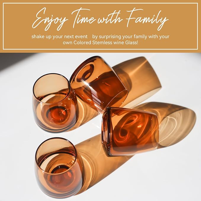 Brown Stemless Wine Glasses Set 6-Colorful Wine Glasses Stemless for Wine water,whiskies, juices, cocktails,Unique Gifts for Mother day Birthday Wedding Party