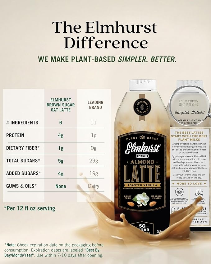 Elmhurst 1925 Toasted Almond Vanilla Latte – Plant-Based, Vegan, Dairy-Free Plant Milk Latte Made of Cold Brew Premium Arabica with 95mg Caffeine & Madagascar Vanilla – 25.4oz (Pack of 6)