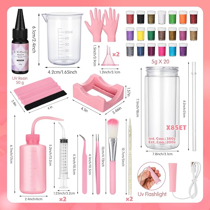 Meanplan 8 Pack DIY Plastic Snow Globe Tumbler Supplies Kit 16oz Pre Drilled Double Wall Cup 20 Colors Glitter Squeeze Bottle Funnel Tweezer Syringe Cradle Measuring Cup Flashlight Buffer Glove
