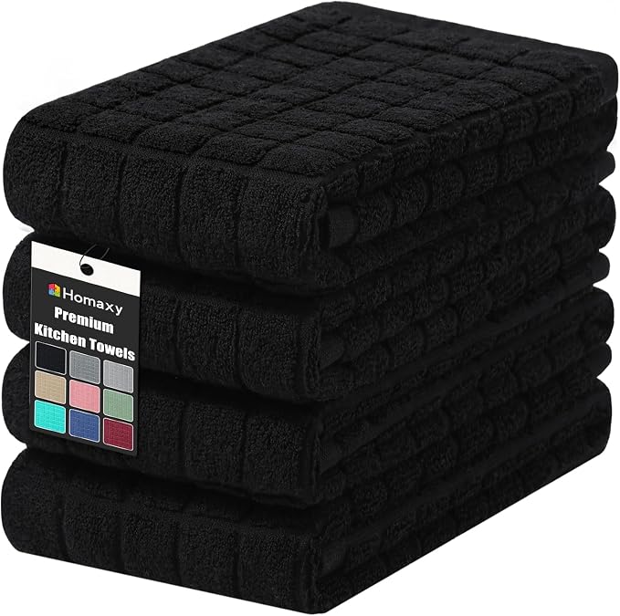 Homaxy Premium Cotton Kitchen Towels 16"x 28", Large Natural Ring Spun 390 GSM Dish Towels, Super Absorbent Terry Kitchen Hand Towels, Soft Tea Towels with Hanging Loop, Pure Black Design, 4 Pack