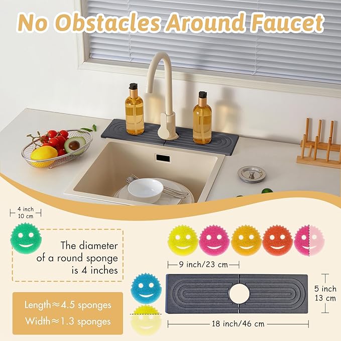 Diatomite Sink Mat around Faucet, Instant Dry Stone Sink Tray Cleaning Tools Holder Prevents Moisture Buildup, Sink Splash Guard for Bathroom Laundry Counter, Elegance Stylish Birthday Gift, Dark Gray