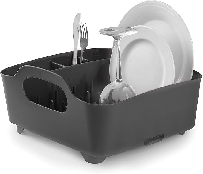 Umbra Tub Dish Drying Rack – Lightweight Self-Draining Dish Rack for Kitchen Sink and Counter at Home, RV or Motorhome, Smoke, Black (330590-582)