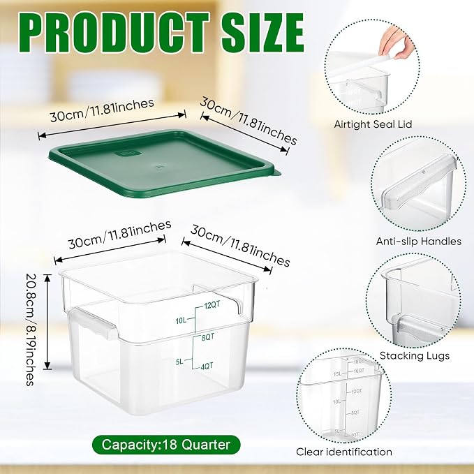 FoldTier 2 Pieces Square Food Storage Containers Polycarbonate Clear food Container with Lid Commercial Storage with Graduations for Commercial Kitchen Dough Marinating Meat(Green, Red,12 Qt)