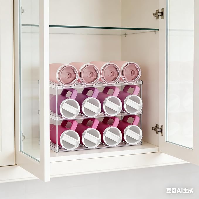 Yieach 3 Tier Waterbottle Organizer for Cabinet - Large Compartment Stackable Water Bottle Holder and Wine Bottle Rack,Acrylic Water Bottle Organizer Rack for 40 oz Stanley Cup,Yeti and Tumbler Shelf