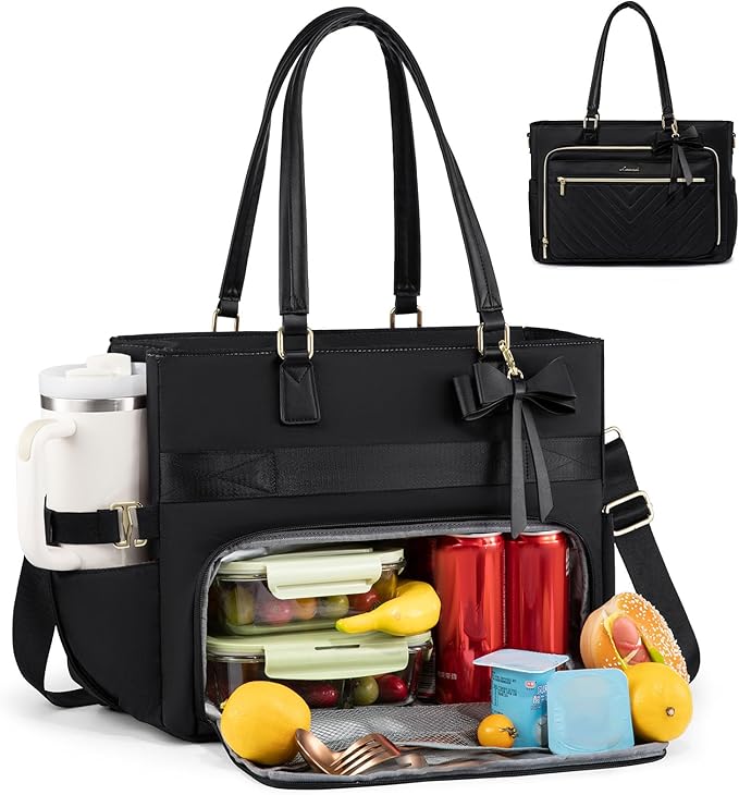 LOVEVOOK Lunch Tote Bag for Women, Insulated Lunch Bag, Large Capacity Teacher Nurse Bag for Work with Large Cup Holder Water Resistant, Womens Crossbody Handbags fit 17.3 Inch Laptop, Black