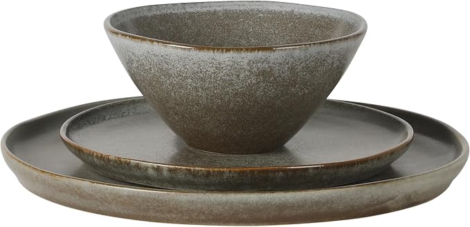 Gibson Elite Coastal Forest Plates and Bowls Sets, 12-Piece Stoneware Dinnerware Sets, Triple Reactive Glaze Dish Set - Slate Grey