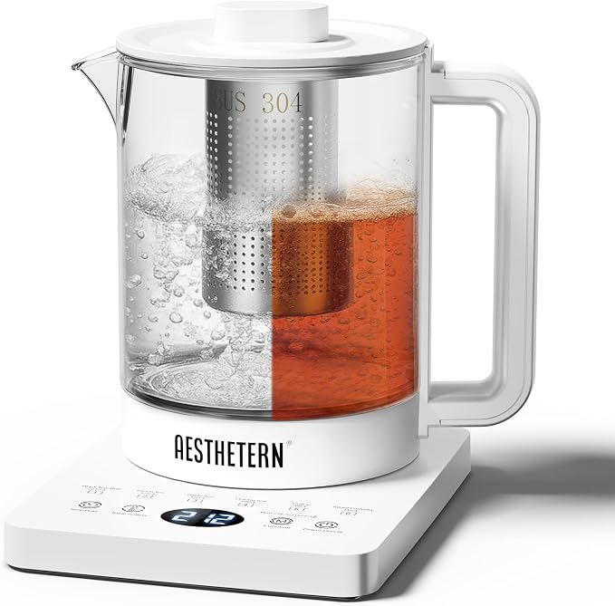 Electric Tea Kettle with Infuser, 1.5L Glass Water Boiler with Temperature Control, 24H Keep Warm & Auto Shut-Off, White