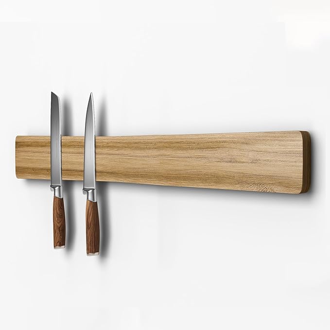 Magnetic Knife Holder for Wall, Acacia Wood Knife Magnetic Strip No Drill Knife Magnet Storage Bar Magnetic Tool Key Holder Strip for Kitchen Utensil Organizer (Light Brown, 24 Inch)