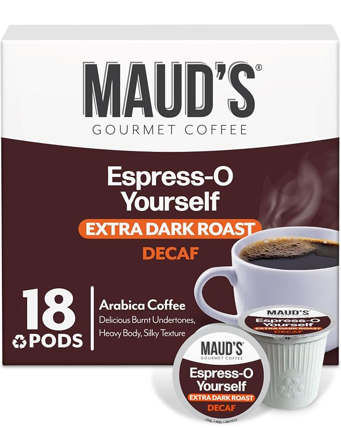 Maud's Decaf Espresso Roast Coffee Pods, 18 ct, Decaffeinated Dark Roast Single Serve Pods – 100% Arabica Coffee, Compatible with Keurig K Cups Maker
