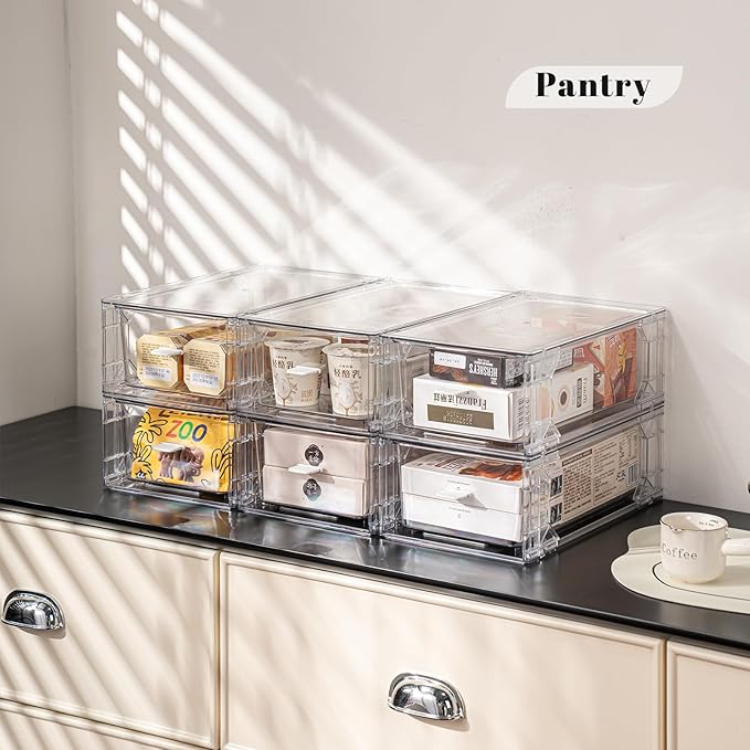 Clear Acrylic Stackable Storage Drawers, Plastic Organizer Bins with Handles for Undersink, Cabinet, Fridge, Closet, Pantry, Office, Bathroom, Kitchen(4 Pack)