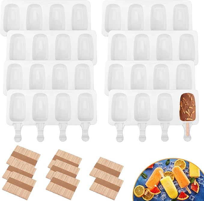 8 Set Silicone Popsicle Molds 4 Cavities Ice Cream Oval Cake Molds with 400 Sticks, Reusable Ice Pop & Cakesicle Mould for Kids, DIY Frozen Treats, Summer Snacks, Parties Favors, Easy Release (White)