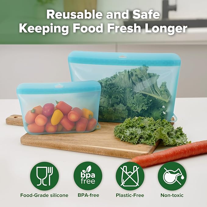 Haakaa Dot Seal Reusable Silicone Food Storage Bags, 2 Pack- Silicone Leakproof Freezer & Sandwich Snack Bags, BPA Free Food Containers, Microwave & Dishwasher Safe, Turquoise (500ml, 1500ml)
