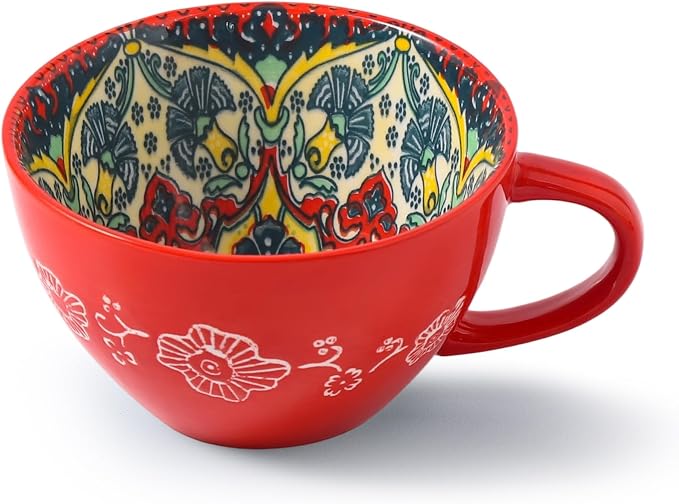 Large Coffee Mug, 15 oz Boho Coffee Mug Ceramic with Handle, Porcelain Tea Cup, Coffee Cup for Cappuccino and Latte, Microwave & Dishwasher Safe, Ideal Gift for Family/Friend (Red)