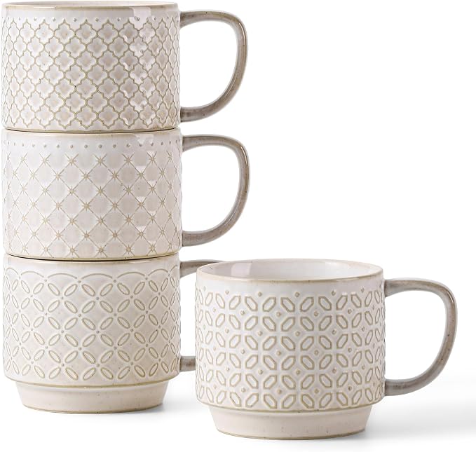 DOWAN 12oz Coffee Mugs Set of 4, Ceramic Coffee Mugs, Stackable Cappuccino Cups, Microwave Safe and Large Handle, Office and Home Use
