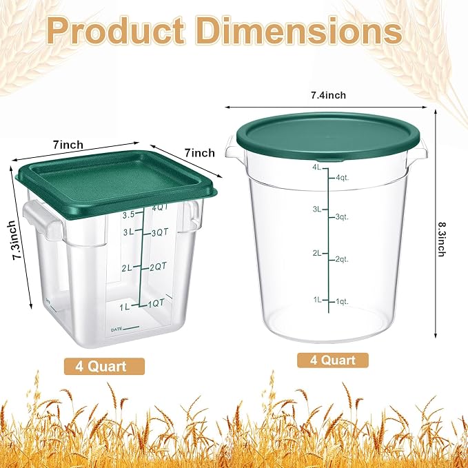 Blushtier 4 Pcs Food Storage Container with Lids Set 4 Qt Square and Round Clear PC Commercial Containers with Scale Handle for Home Restaurant Kitchen Food Storage, Dough Rise, Flour(Green)