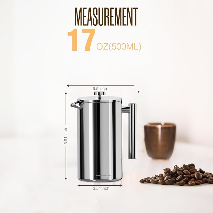 Utopia Kitchen 304 Grade Stainless Steel French Press Coffee Maker 17 Oz, Double Wall Insulated Coffee Press with 4-Level Filtration system, Include 2 Extra Filters, Rust-Free, Dishwasher Safe, Silver