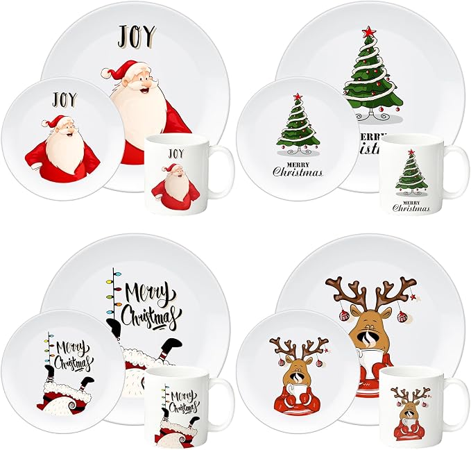 12 Piece Christmas Melamine Dinnerware Set for 4 Guest, 10" Dinner Plates, 8" Salad Plates, 9 oz Mug Shatterproof Xmas Dishes Gift for Home Party Festive Holiday Celebrations